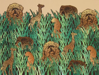 Artwork of animals in a field