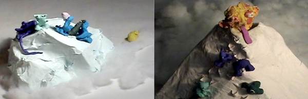 Two frames from a claymation video