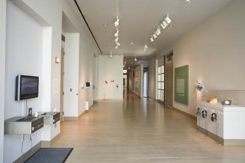 Installation view of scultures installed in a small display in the Frye Art Musum Foyer
