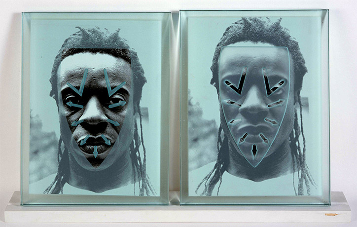 Two panels with faces on them