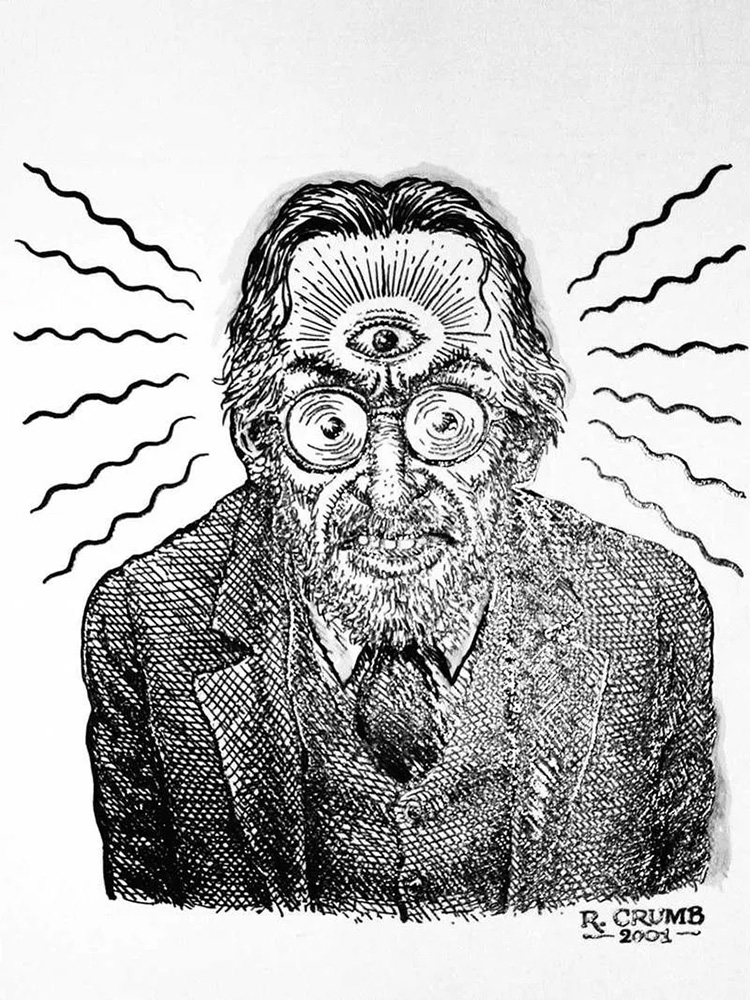 A black and white line comic style portrait of a man with a third eye in the middle of their forehead 
