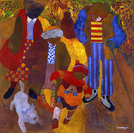 A painting of a Black family of four and a white dog