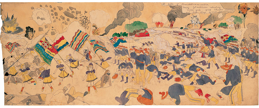 A scene of a ninteenth century style battle with children holding flags and leading a charge