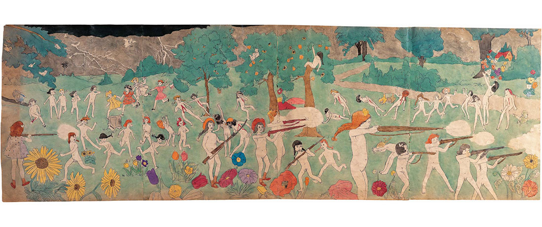 A painting of children with rifles engaged in a battle among a green, floral landscapeA