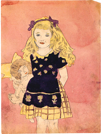 A watercolor and pencil portrait of a young blonde girl wearing a black dress with a doll