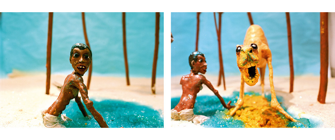 Two stills from a stop motion film with a human figure and a dinosaur-esque animal