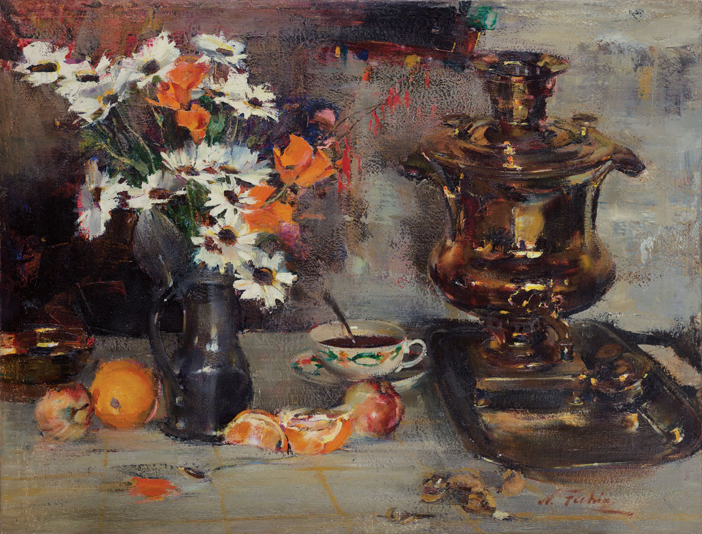 A still-life painting of a vase with flowers and a samovar on a table.