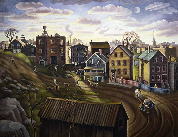 A painting of a street and houses