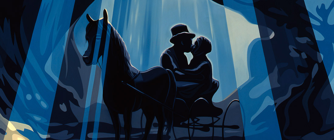 A painting of a couple sitting in a horse drawn cab and kissing