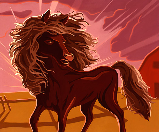 A cartoonish painting of a horse with a large mane
