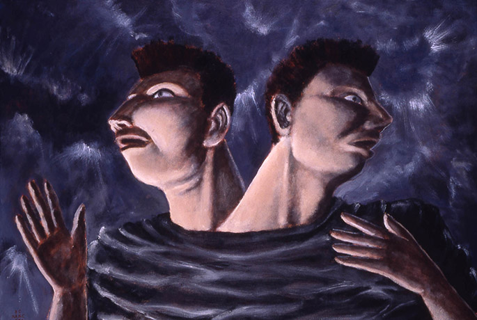 A painting of two heads emerging from the same body