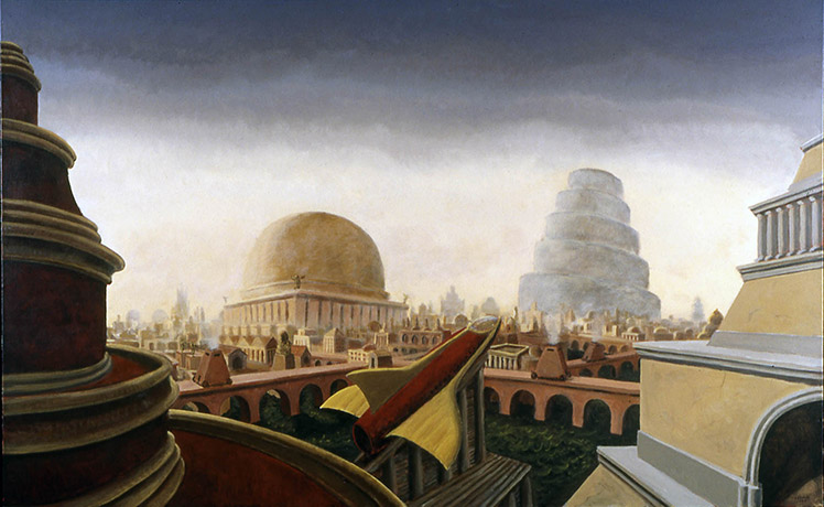A painting of a city with classical and futuristic elements