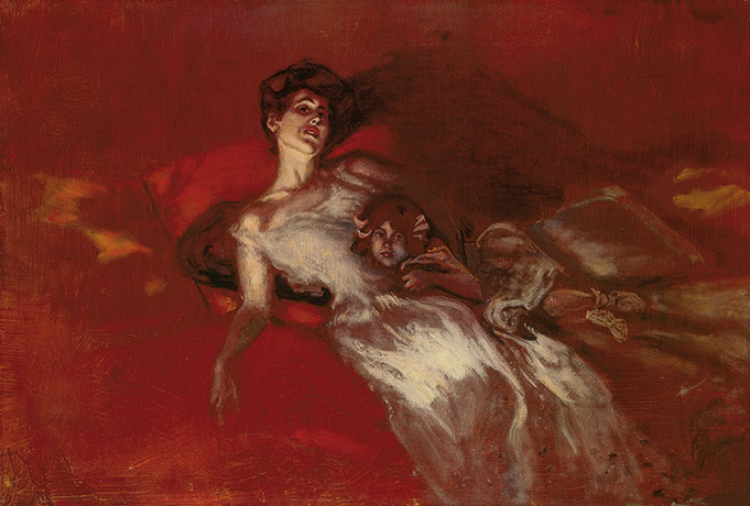 A painting of a woman and child laying down surround by a red background