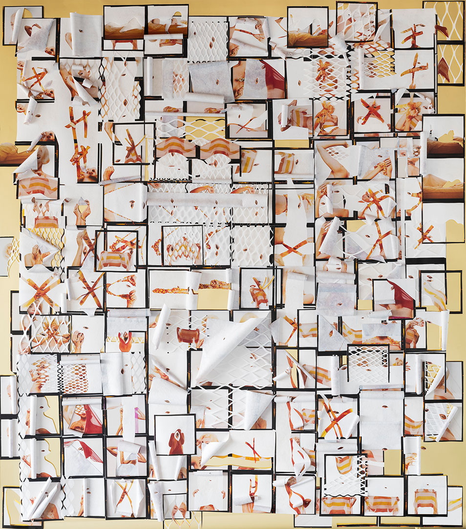 A collage of red toned images of digitally cut out face and body parts