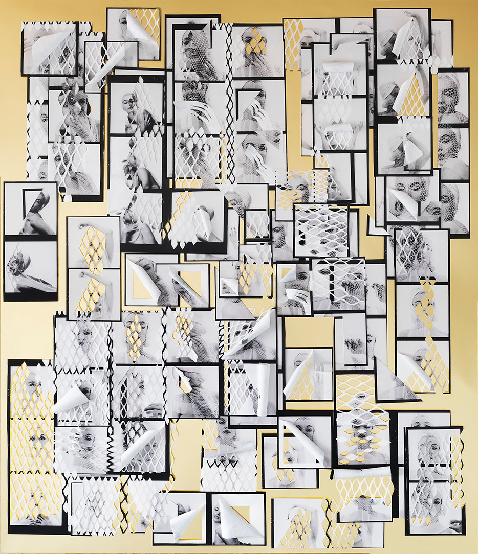 A collage of black and white images of digitally cut out face and body parts