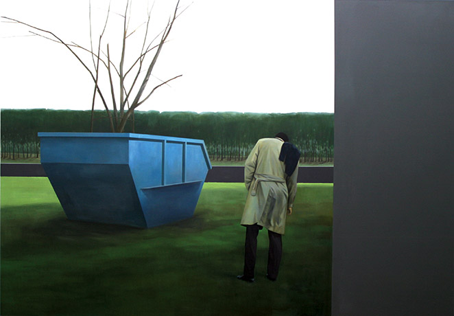 Painting of a figure facing away from the viewer and towards a large blue container