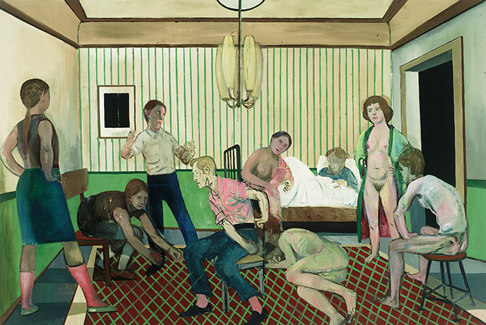 Paintign of figures in various states of undress in a small room with a bed