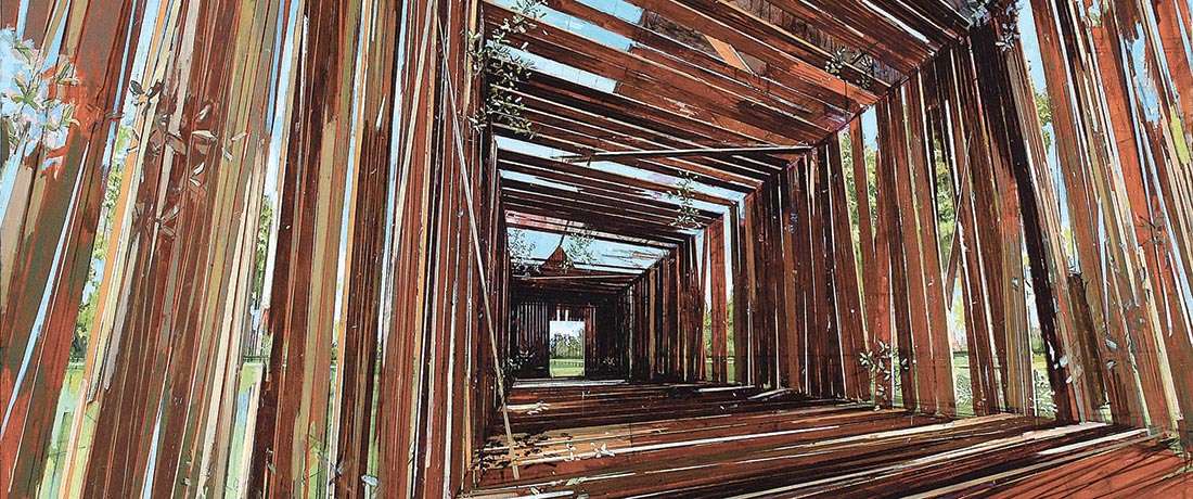 Painting of a long room made up of planks of wood with large gaps