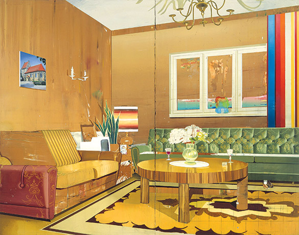 Painting of a mostly yellow living room
