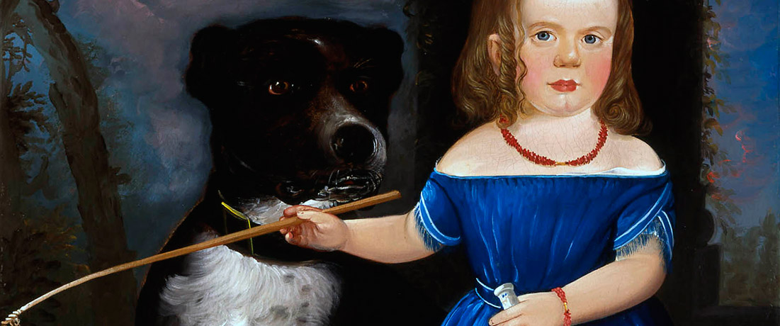 Painting of a dog and young girl in a formal pose wearing adult-seeming clothes and makeup