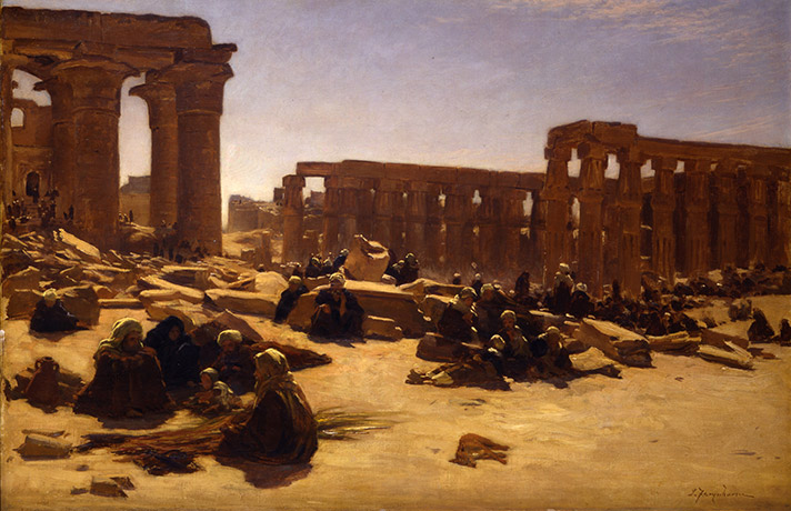 A painting of a collapsing temple from antiquity in a desert