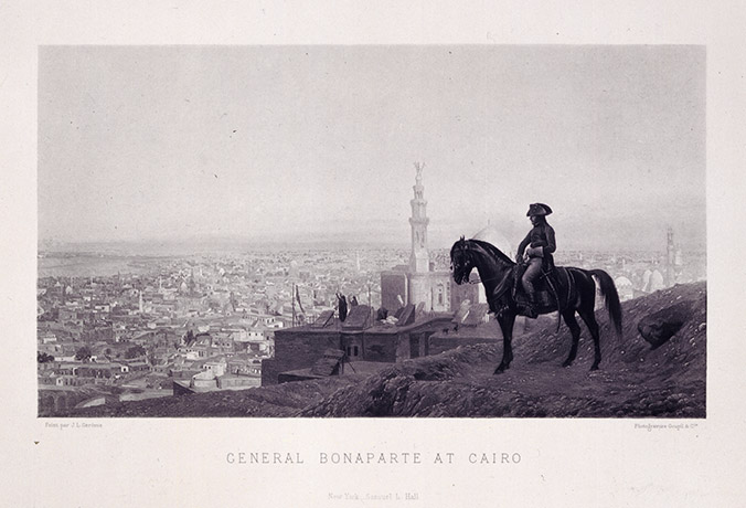 A photograph of Napolean on horseback surveying the city of Cairo