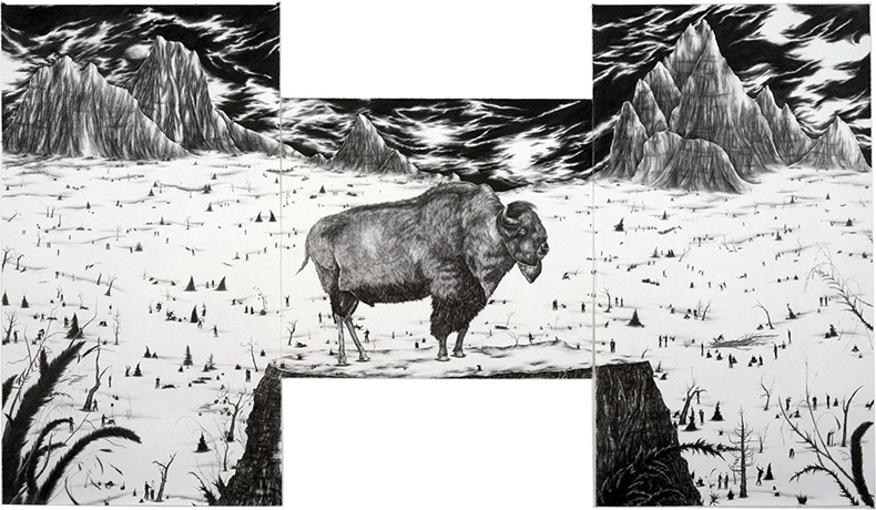 Black and white graphite drawing on three panels with a large bison in the foreground and a stark winter landscape with small trees and human figures in the background