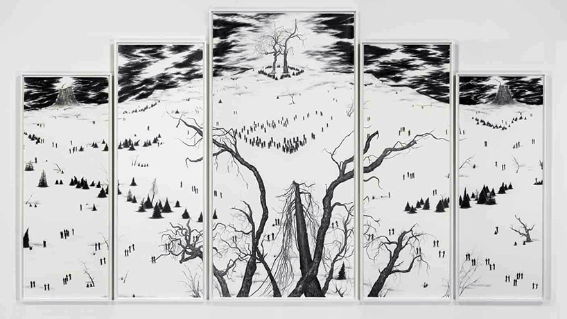 Black and white graphie drawing on five panels of a stark winter landscape with small human figures