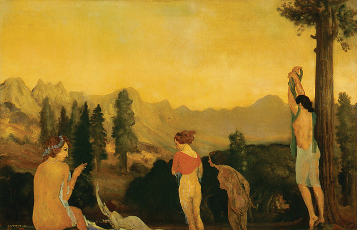A painting of a group of woman in various states of undress enjoying the natural scene around them