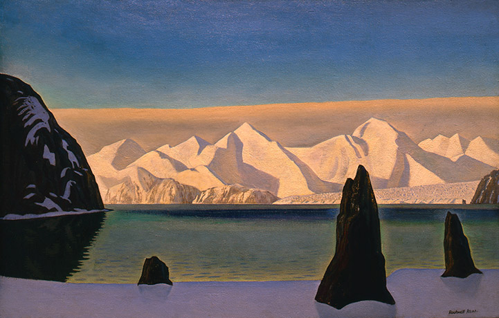 A painting of a sea in front of snow covered mountains