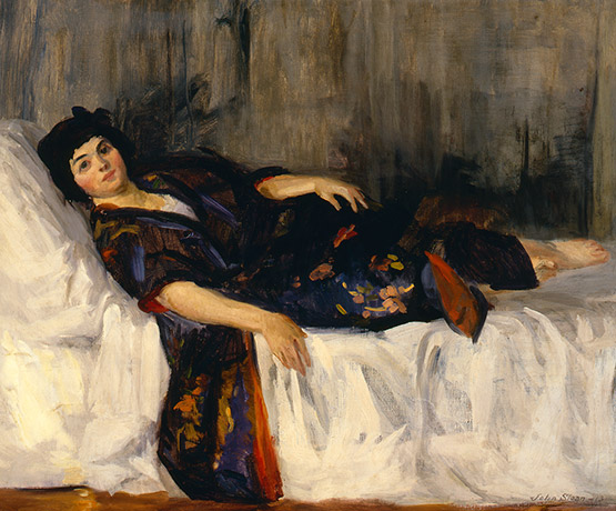 A painting of a woman wearing a blue kimono lounging on a bed