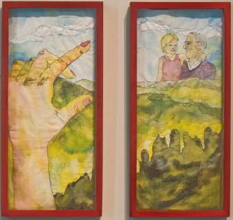 A painting in two frames of a large hand and two figures above a green landscape