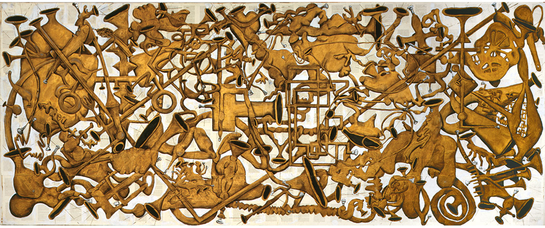 An artwork with abstract limbs and musical instruments