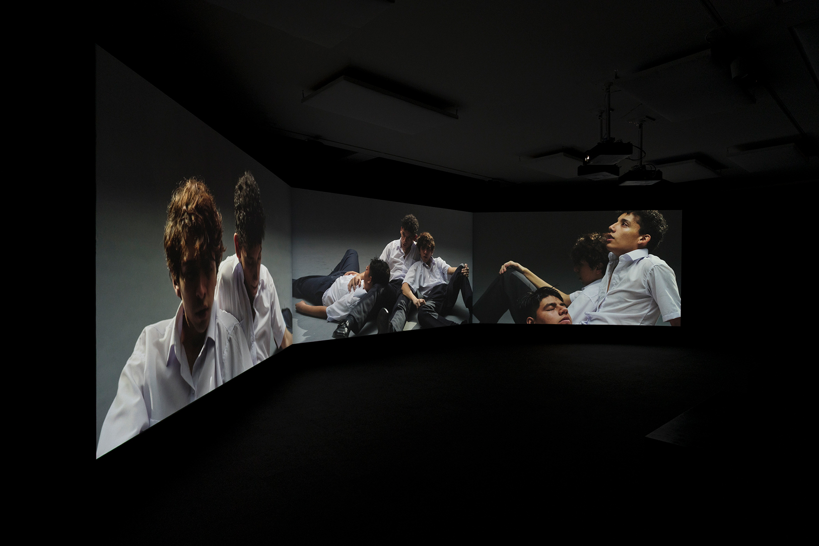 Rafael Soldi. Soft Boy, 2023. Three-channel digital video (color, sound); 15:49 min. Courtesy of the artist. Installation view of Rafael Soldi: Soft Boy, Frye Art Museum, Seattle, October 7, 2023–January 7, 2024.