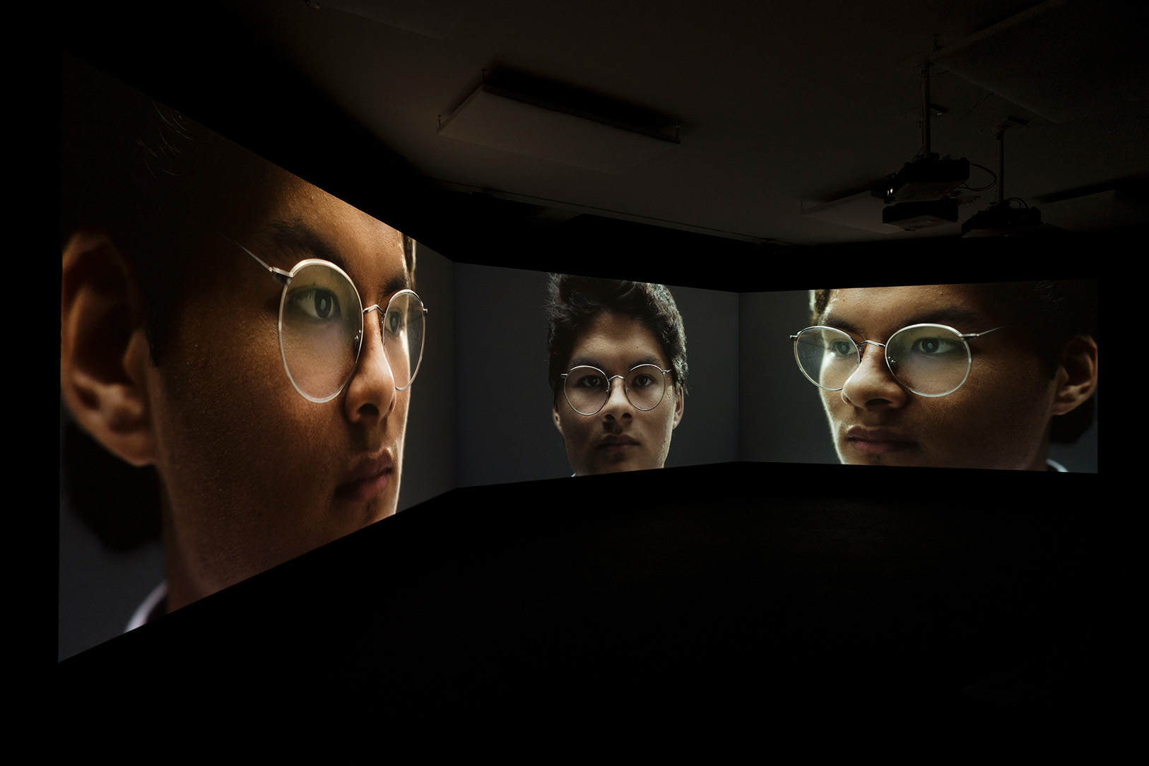 Rafael Soldi. Soft Boy, 2023. Three-channel digital video (color, sound); 15:49 min. Courtesy of the artist. Installation view of Rafael Soldi: Soft Boy, Frye Art Museum, Seattle, October 7, 2023–January 7, 2024.