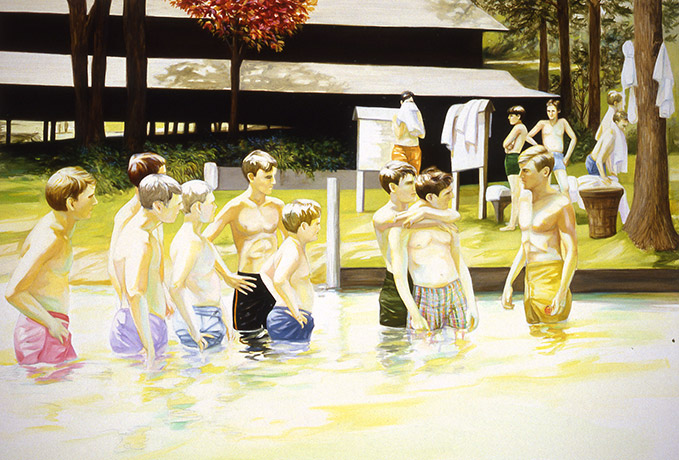 A painting of boys in swim trunks standing in a shallow body of water