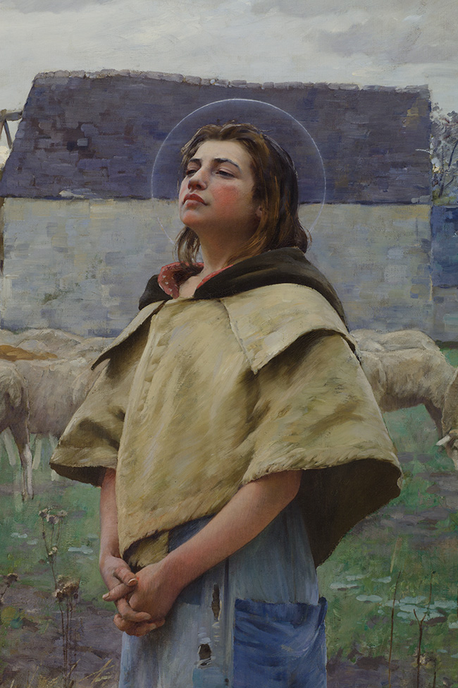 A painting of Sainte Genevieve in a field with sheep