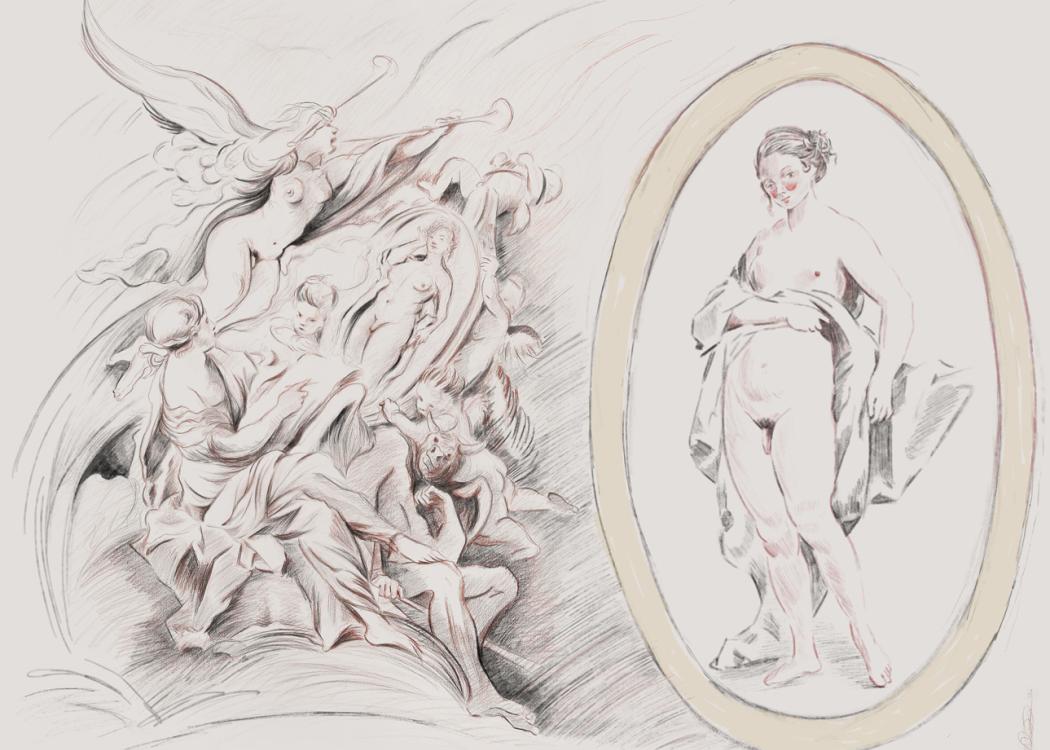 Molly Vaughan. After Boucher: Untitled, 2022. Oil pencil on paper. 16 x 20 ft. Courtesy of the artist. Photo: Mark Woods