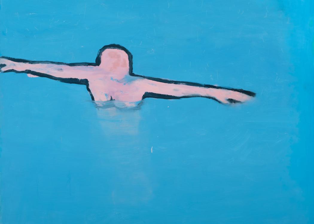 Painting of a woman floating in water by Katherine Bradford