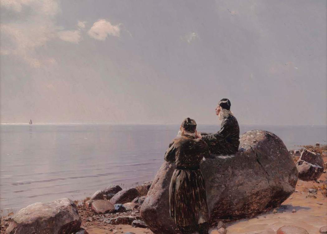A painting of two figures on a rocky beach looking out to sea
