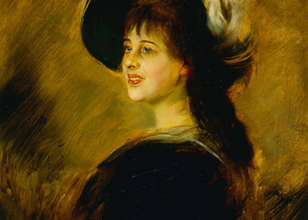 An oil painting of a young woman in a large brimmed hat