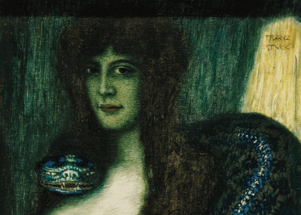 An oil painting in greens of a topless woman with long hair and a large snake wrapped around her upper body