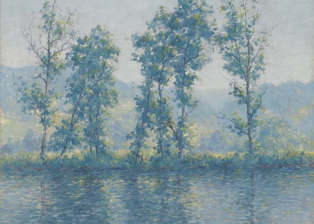 An oil painting of a group of tall saplings by a river