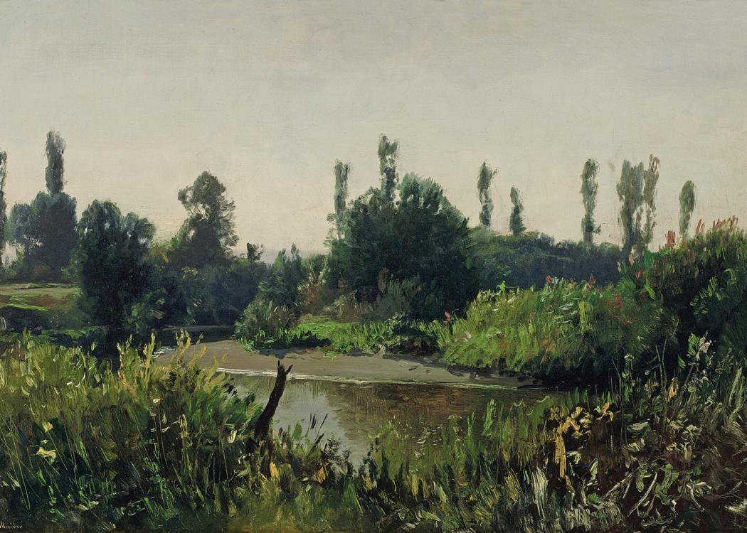 A painting of trees and greenery around a small river