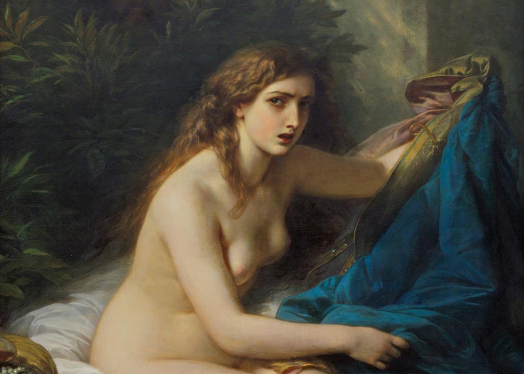 A detail from a painting of a nude woman sitting on an opulent cloth being spied upon by figures behind foliage
