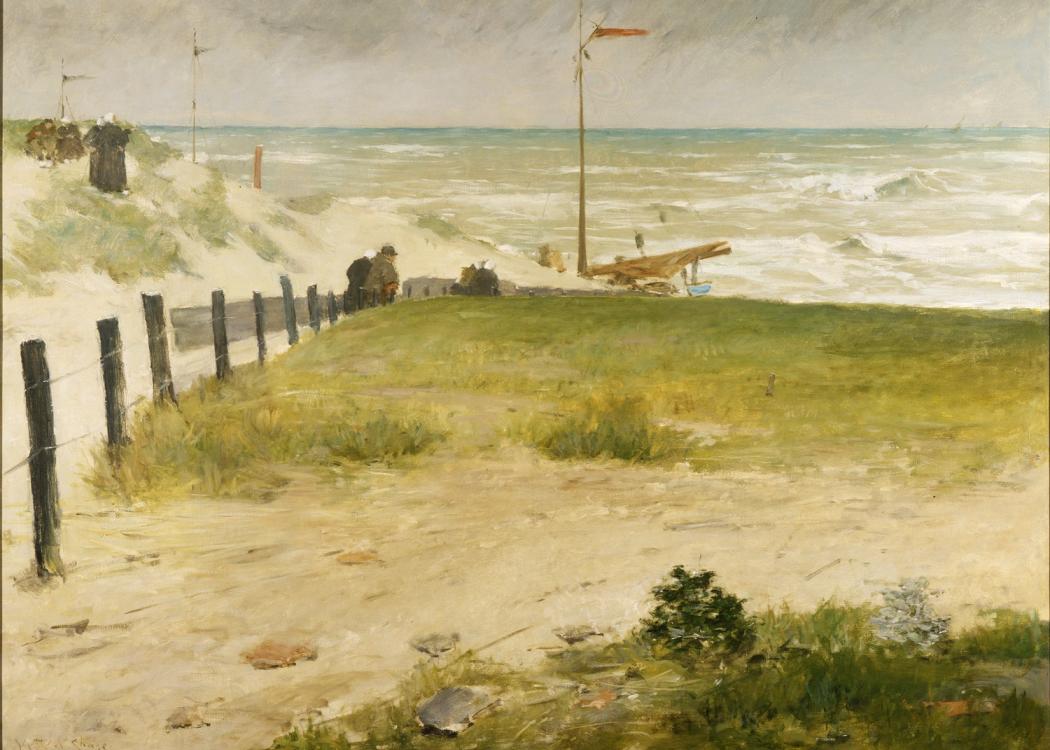 A painting of a seascape with a sandy dune and small human figures