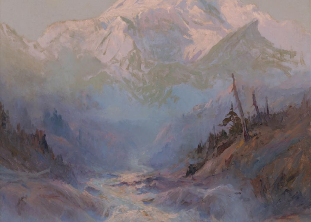 A painting of a river flowing from a mountain in the background