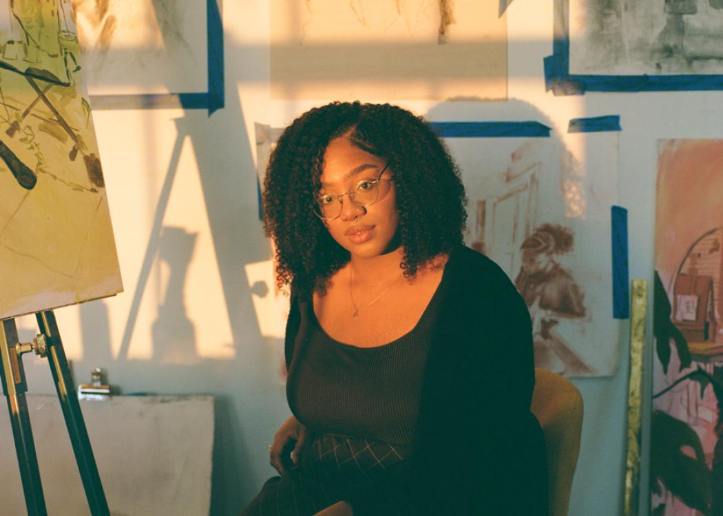 Photo of artist and Frye security guard Lila Thomas in her studio