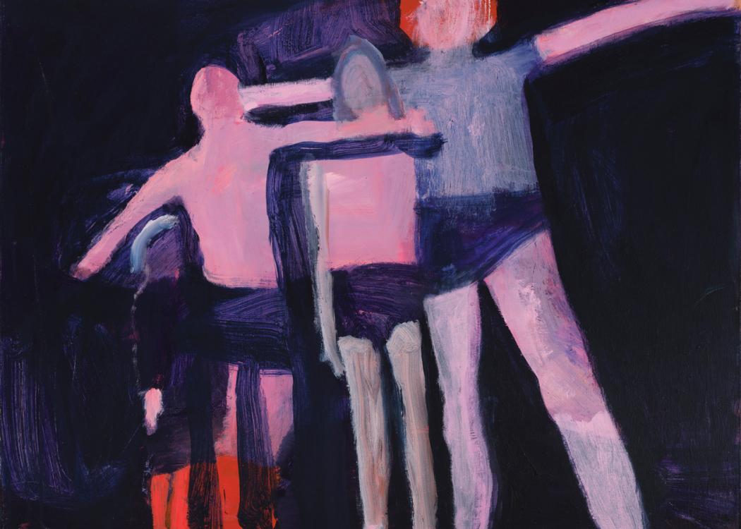 Painting of four simple human figures in shades of pink, purple, and dark blue on a black background by Katherine Bradford