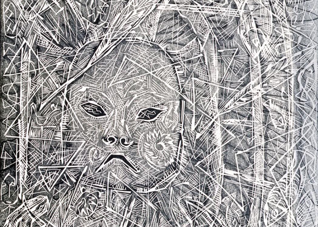 Black and white print of a mask